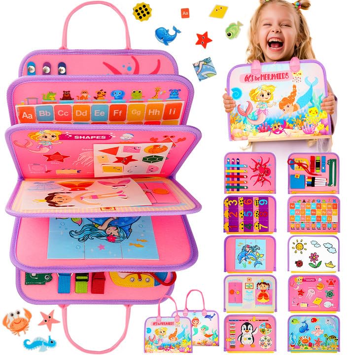 SaFeli Toddler Busy Board, Montessori Toys for Toddler Girl Birthday Gifts, Learning Toys Sensory Busy Book Toys for Toddlers, Travel Educational Book for Airplane Car | Birthday Gift for Girls, Pink - size: Mermaid - Pink