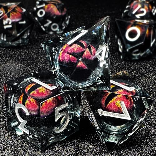 HAOMEJA Resin Dragon Eye DND Dice Set D&D 7 Pcs Resin Sharp Edge Role Playing Dice with Dragon Eye Dice Bag, Polyhedral Dungeons and Dragons Dice D20 D12 D10 D100 D8 D6 D4(Black & Eye Red) - color: 7 Eye Red & Black