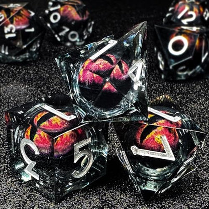 HAOMEJA Resin Dragon Eye DND Dice Set D&D 7 Pcs Resin Sharp Edge Role Playing Dice with Dragon Eye Dice Bag, Polyhedral Dungeons and Dragons Dice D20 D12 D10 D100 D8 D6 D4(Black & Eye Red) - color: 7 Eye Red & Black