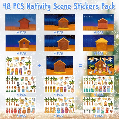 48 Sheets Nativity Scene Stickers, Religious Christian Christmas Stickers Nativity Crafts for Kids School Classroom, Christmas Activities Games for Kids Party Favors 24 Finished Products - style: Nativity Scene 48 Sheets