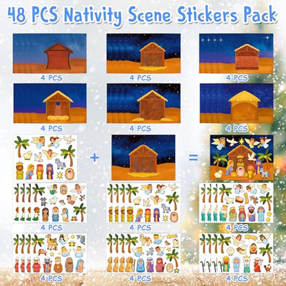 48 Sheets Nativity Scene Stickers, Religious Christian Christmas Stickers Nativity Crafts for Kids School Classroom, Christmas Activities Games for Kids Party Favors 24 Finished Products - style: Nativity Scene 48 Sheets