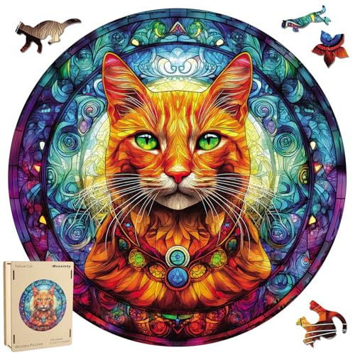 Reouinty Wooden Puzzles for Adults, Yellow Cat Jigsaw Puzzles 200 Pieces, Unique Shaped Animal Wood Adult Puzzle, Best Gifts for Family Games 11.2x11.2 in - color: Yellow Cat, size: 200pcs