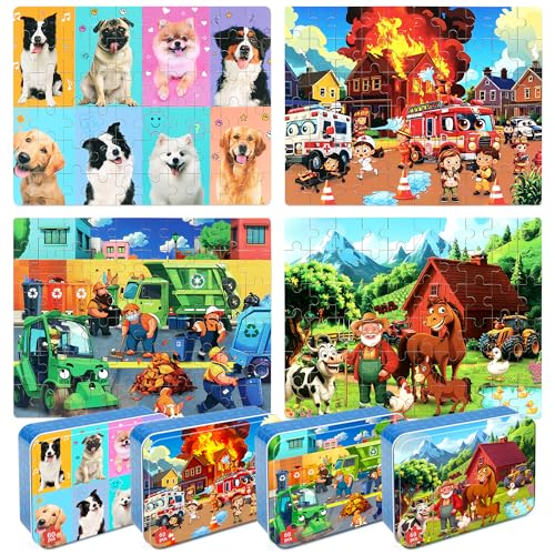 LELEMON Puzzles for Kids Ages 4-6,4-Pack Dogs Fire Fighting Garbage Truck Farm 60 Piece Puzzles for Kids Ages 4-8 in a Metal Box,Educational Jigsaw Puzzles Puzzle Games Puzzle Toys for Girls and Boys - color: Dogs Fire Fighting Garbage Truck Farm