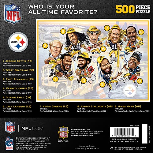 MasterPieces NFL Steelers Puzzle 500 Piece Jigsaw Puzzle, Officially Licensed Pittsburgh All Time Greats Artwork, Bold Player Caricature Design, Eco Friendly Materials, 15 x 21 Sports Collectibles - style: All Time Greats