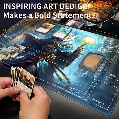Playmat 24" x 14" Game Mats Tabletop Magic for MTG/TCG Cards, Trading Card Game Playing Stitched Play Mats Commander Deck Gaming Desk Mat Card Gameplay Mats, Cat Wizard Casting Spell - color: Cat Wizard Casting Spell, size: 24"X14"