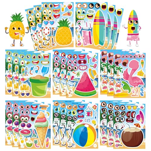 Summer Stickers, Make a Face Sticker, Hawaii Luau DIY Craft Activities | 24 Sheets Make your own Stickers, Flamingo Watermelon Pineapple Beach Party Favors for Kids Toddlers - style: 24 Sheets Summer Stickers