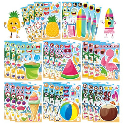Summer Stickers, Make a Face Sticker, Hawaii Luau DIY Craft Activities | 24 Sheets Make your own Stickers, Flamingo Watermelon Pineapple Beach Party Favors for Kids Toddlers - style: 24 Sheets Summer Stickers