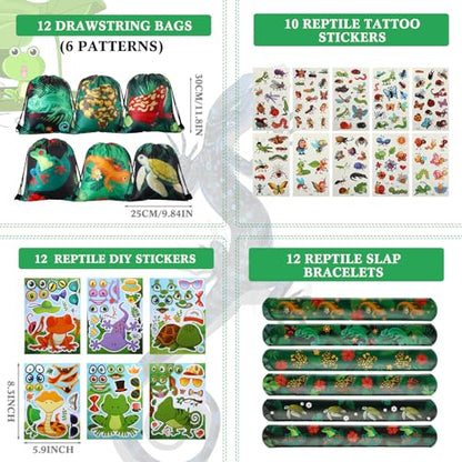 Paterr 94 Pcs Reptile Party Favors Reptile Birthday Party Supplies Decorations Include Gift Bags Slap Bracelets Badges Tattoos Stickers frog Lizard Toys Stretchy Sticky Toys for Boy Girl