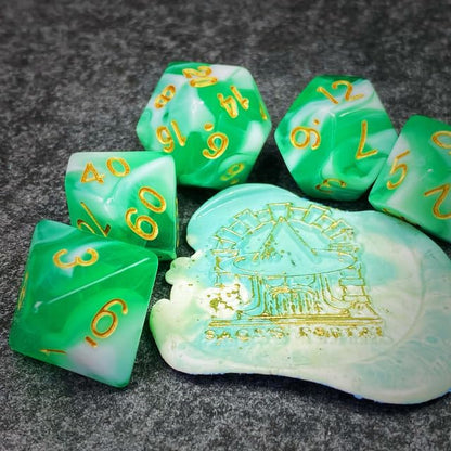 Sage’s Portal Stones DND Dice Set Acrylic Opaque 7-PC Polyhedral DND Dice Set for Dungeons and Dragons D&D Sage’s Cantrips RPG Tabletop TTRPG (Green/White) - color: Green/White