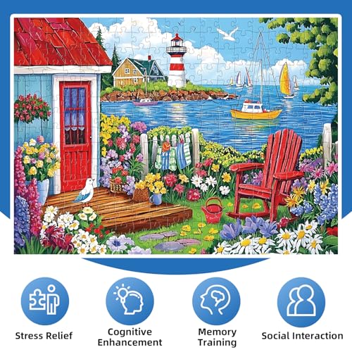 300 Pieces Puzzles for Adults,Seaside Garden House 300 Pieces Large Puzzle for Adults Seniors,Coastal Lighthouse Jigsaw Puzzle for Kids Ages 8-10,Challenging Family Games, 20.5 x 15 in - style: Garden House