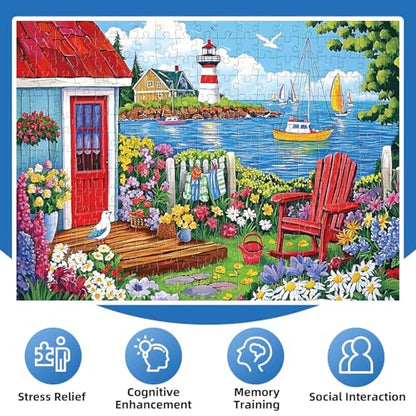 300 Pieces Puzzles for Adults,Seaside Garden House 300 Pieces Large Puzzle for Adults Seniors,Coastal Lighthouse Jigsaw Puzzle for Kids Ages 8-10,Challenging Family Games, 20.5 x 15 in - style: Garden House