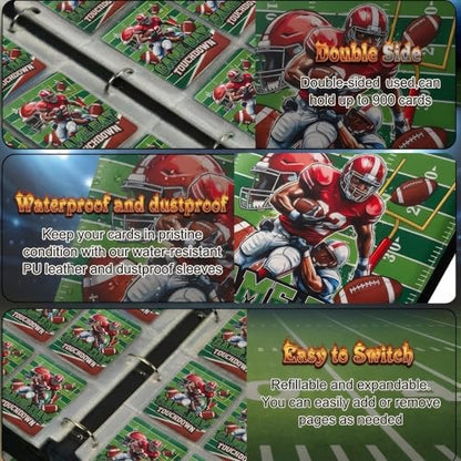 Trading Card Binder 9 Pocket, Football Card Binder Holds 900 Cards with 50 Removable Sleeves, Waterproof PU Leather with Zipper Card Collector Album Book Compatible with TCG Cards - color: Football