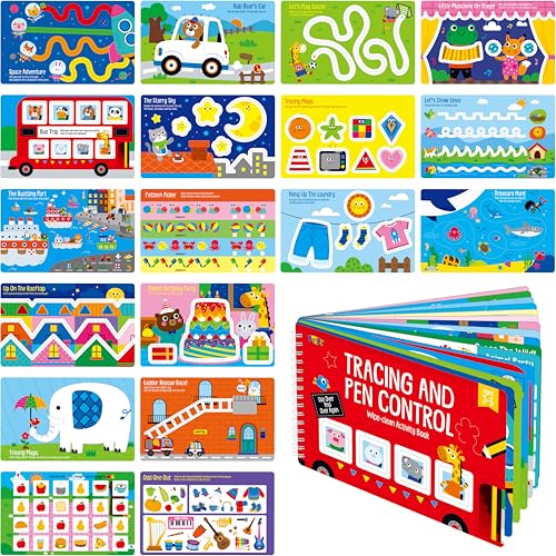 Tracing & Pen Control Pad for Kids, 30 Pages Reusable & Erasable Handwriting & Drawing Practices, Alphabet ABC and Number 123 Tracing Workbook Educational Montessori Tool for Autism, Toddlers 3-5 - style: Pen Control Pad