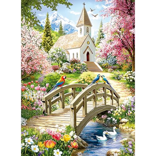 Puzzles for Adults 500 Pieces,Charming Lakeside Church Puzzle for Adults,Beautiful Flower & Parrot Jigsaw Puzzles for Seniors,Puzzles for Family Game Nights & Holiday Party Gifts,20.5x15 in - style: 500P Church