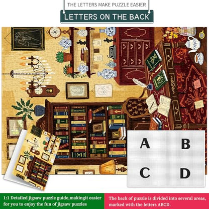 1000 Piece Jigsaw Puzzles for Adults, Study Room Puzzle with 1:1 HD Poster, Precise Interlocking, Letter Markings on Back, Dust-Free, Stress Relief & Ideal Family Game Gift - color: Study Room