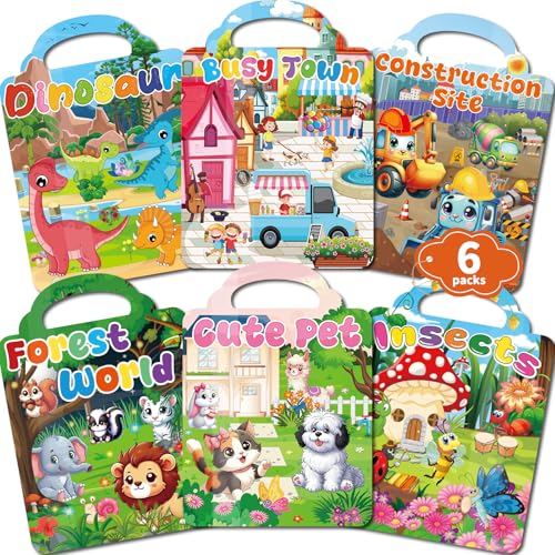 Kalysky 6 Set (260pcs) Reusable Sticker Books for Toddlers 1-3 2-4, Kids 3D Puffy Stickers (Dinosaurs, Forest, Town, Pets, Construction, Insects), Sticker Activity Books - color: 6 Set -Dinosaurs/Forest/Town/Pets/Construction/Insects
