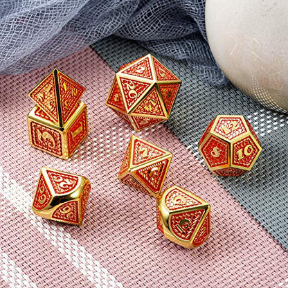 DNDND Metal Gaming Dice, 7 PCS Red Dragon Scale Metallic DND Die with Velvet Pouch for Dungeons & Dragon D&D Game (Red with Gold Edge) - color: Red With Gold Edge