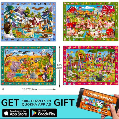 QUOKKA Puzzles for Kids Ages 4-6 - Toddler Puzzles Ages 3-5 - 4-Pack 60 Piece Search and Find Animals Jigsaw Puzzle 6-8 - Learning Toys for 3 Year Old Boys and Girls - Educational Games Gift - color: Red, Blue, Yellow, Green