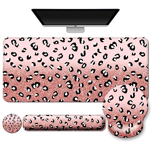 4 in 1 Mouse Pad Set with Wrist Rest for Keyboard,Desk Mat,Coaster-Leopards | Desk Matt for Desktop Cute Ergonomic Keyboard Pad Support For Gaming Computer Women Office Home Decor - color: B1-Glittery Leopards