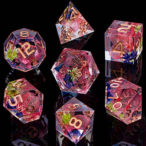 ARUOHHA DND Resin Dice Translucent Pink Leaf Sharp Edged Dragons Dice Set with Box, 7pcs Flower Inclusions Polyhedral Dungeons D and D Dice RPG Role Playing Game D20 D12 D10 D8 D6 D4 - color: Pink - Leaf