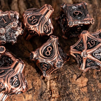 Metal Dice Set D&D 7PCS Metal DND Dice Set Copper for Tabletop Games | Leather Storage Bag, DM Gift, for Dungeons and Dragons Role Playing Games - color: Metal Tree-acopper