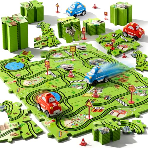Beby Buty 48PCS Puzzle Race Track Car Set for Toddlers Kids Boys, Toddler Toys Birthday Gifts for 3 4 5 6 Years Old Boys and Girls, Floor Puzzle Tracks Car Toys for Ages 3-5 4-6 - style: 48 PCS City Theme
