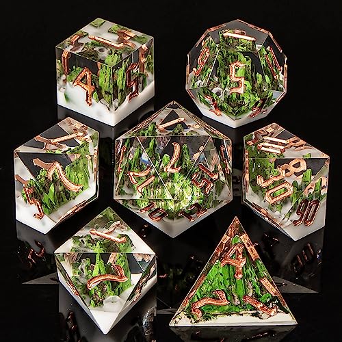 KERWELLSI DND Dice Set D&D, 7pcs Sharp Edge Resin D and D Dice with Gift Box, Nature Forest Mountain Dungeon Dragon Role Playing Dice D20 D12 D10 D8 D6 D4 - color: Green & White