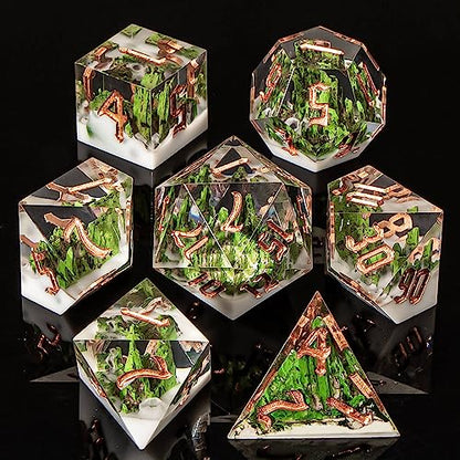 KERWELLSI DND Dice Set D&D, 7pcs Sharp Edge Resin D and D Dice with Gift Box, Nature Forest Mountain Dungeon Dragon Role Playing Dice D20 D12 D10 D8 D6 D4 - color: Green & White