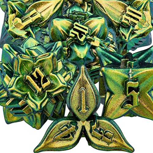 ARUOHHA DND Metal Dice Set Yellow Green Leaf Design Polyhedral Dice with Box, 7PCS D and D Dice RPG Role Playing Games D20 D12 D10 D8 D6 - color: Yellow Green