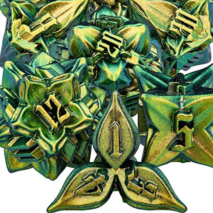 ARUOHHA DND Metal Dice Set Yellow Green Leaf Design Polyhedral Dice with Box, 7PCS D and D Dice RPG Role Playing Games D20 D12 D10 D8 D6 - color: Yellow Green