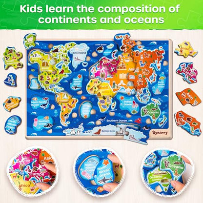 SYNARRY Large USA World Wooden Puzzles for Kids Ages 4-6, Learning United States World Maps Puzles for Kids Ages 6-8, Wood Jigsaw Puzzles Educational Games Toys Gifts for Boys Girls Ages 3-8 - style: USA World Map
