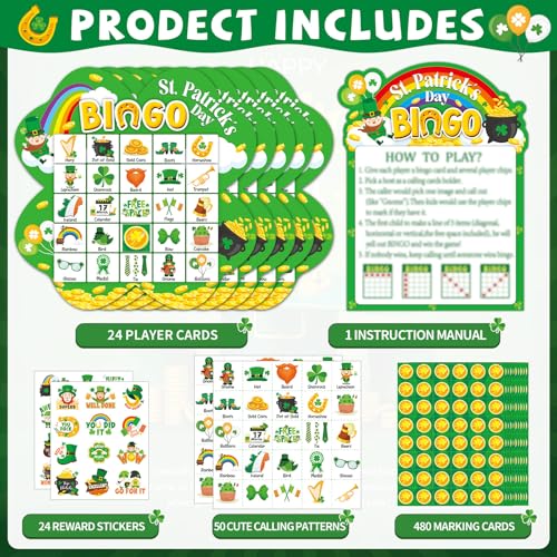 39Pcs St. Patrick’s Day Bingo Game for Adults Kids 24 Players Shamrock Shape Bingo Game Cards with Reward Stickers for Family Friend Large Group Activities St. Patrick’s Day Spring Party Favor - style: St. Patrick's