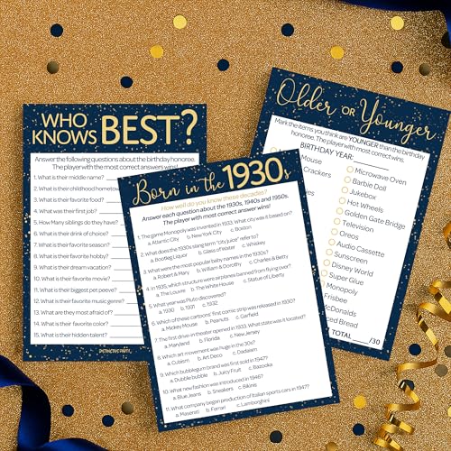 Navy and Gold 90th Birthday Games Set, Born in the 1930s, 20 Guests | 5" x 7" Dual-Sided Cards, Who Knows Best, Older or Younger, and 1930s Trivia Games, Answer Keys Included - color: Blue Gold