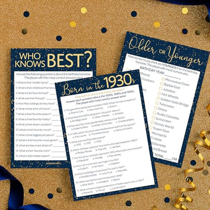 Navy and Gold 90th Birthday Games Set, Born in the 1930s, 20 Guests | 5" x 7" Dual-Sided Cards, Who Knows Best, Older or Younger, and 1930s Trivia Games, Answer Keys Included - color: Blue Gold