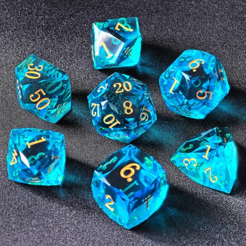 Crystal Multifaceted Polyhedral Dice Set 7 PCS for DND, RPG Tabletop Gaming, Collectors | Tinbox Packing, Gemstone Effect Dice (Aquamarine) - color: Aquamarine