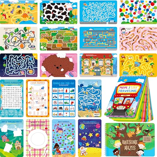 SpriteGru 2 Travel Game Pads, 61 Dry Erase Activities Games Reusable & Erasable Book, Fun Brain Challenge Games Interesting Educational Toy and Learning Tool for Road Trip Airplane Travel - style: Mazes & Fun Games