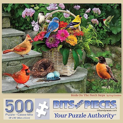 Bits and Pieces – Large 500 Piece Jigsaw Puzzle for Adults – Birds On The Porch Steps - Flowers Jigsaw Puzzle by Greg Giordano, Completed Puzzle Size: 18" x 24" - size: 500 Piece Puzzle