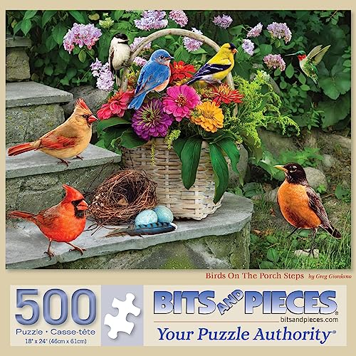 Bits and Pieces – Large 500 Piece Jigsaw Puzzle for Adults – Birds On The Porch Steps - Flowers Jigsaw Puzzle by Greg Giordano, Completed Puzzle Size: 18" x 24" - size: 500 Piece Puzzle