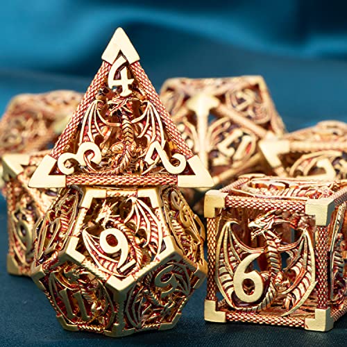 ARUOHHA Hollow DND Metal Dice Set Golden Red Dragons D and D Dice, RPG Role Playing Games Dungeons Polyhedral Dice with Gift Box D20 D12 D10 D8 D6 D4 - color: Golden Red
