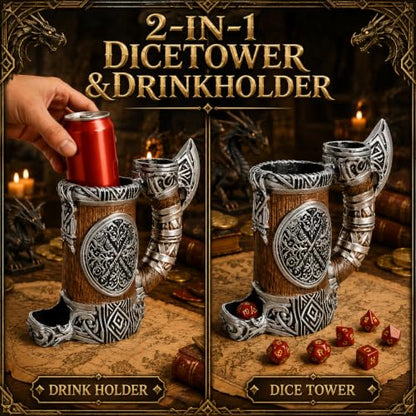 Dice Tower Mug, Dice Rolling Tower, Comes with 7 PCS Dice Set, Suitable for DND Dungeons and Dragons, Tabletop Games, Available As Drink Holder, D&D Gifts, DND Accessories (Gray-Gold) - color: Gray-gold