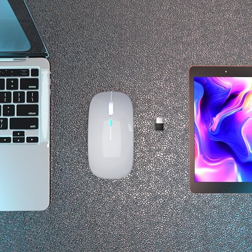 AIKOKOK Wireless Bluetooth Mouse, Rechargeable Dual Mode Mouse, Silver | BT 5.2 & 2.4G USB Receiver,3 Adjustable DPI,LED Lights,Slim,Silent,Portable Computer Mouse for Laptop,PC,MacBook,iPad,Tablet - color: Silver