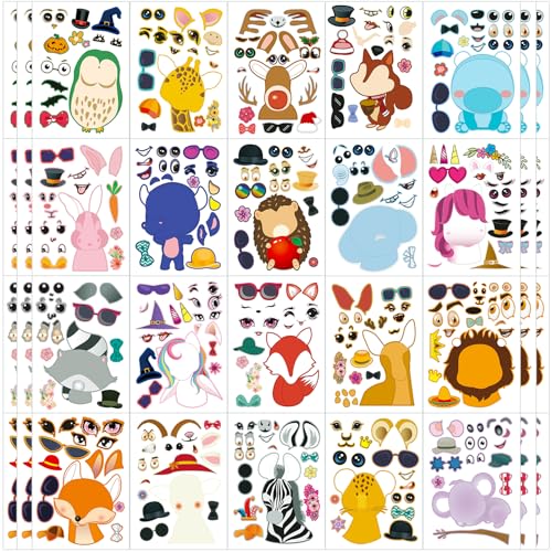 sinceroduct 60 Sheets Make a Face Stickers for Kids, Make Your Own Sticker,20 Styles Waterproof Kids Animal Stickers for Christmas, Party Favor Decoration, Gift, Reward, Travel Activities - style: Animal Style 60