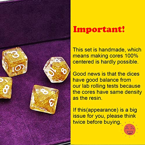 Haxtec Glitter DND Dice Set, 7 Pcs Gold Resin Polyhedral RPG Dice | Role Playing Games Dice with Velvet Pouch, Rounded Edge, Compatible with Dungeons and Dragons, Gifts for D&D Lovers - color: Gold