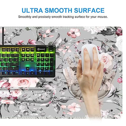 iCasso Large Mouse Pad Wrist Support Set, 4in1 XXL Big Mousepad + Keyboard Wrist Rest + Mouse Wrist Rest + Coaster Set with Ergonomic Design Gaming Mat for Home Office Table Computer - Pink Floral - color: Tea Rose