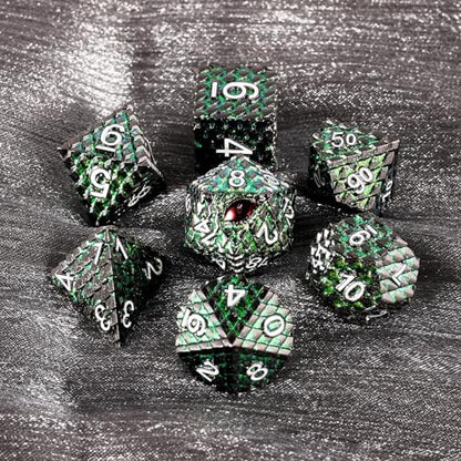 Metal Dice Set D&D,7 PCS Dragon Scale Metallic DND Dice Set,Dragon Eye Metal Dice with Grogeous Gift Case for Dungeons and Dragon Tabletop Game (Glitter Green Dragon Scale & Red Eye) - color: Glitter Green Dragon Scale & Red Eye