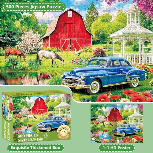 Puzzles for Adults 500 Pieces,Farm Horse Puzzle for Adult,Flowers Rooster Barn Truck Themed Jigsaw Puzzle,Country Life Puzzle for Seniors,Puzzles for Family Game Nights, 20.5x15 in - style: 500P Farm