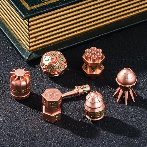 UDIXI RPG Metal Dice Set D&D, 7-Pieces Polyhedral Metal DND Dice Set Copper | Bomb Shape, Green Numbers, Solid Metal, Cool Design, Leather Pouch Packaging, for Dungeons and Dragons Role Playing Games - color: Copper Green