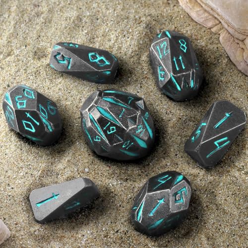 FONVGOGO Metal DND Dice Set, 7 Dungeons and Dragon Dice Stonehenge Design | Unique Cool D and D Metal Dice Set for RPG Role Playing Games, Blue Polyhedral Dice, DND Gifts for Tabletop Games - color: S Blue
