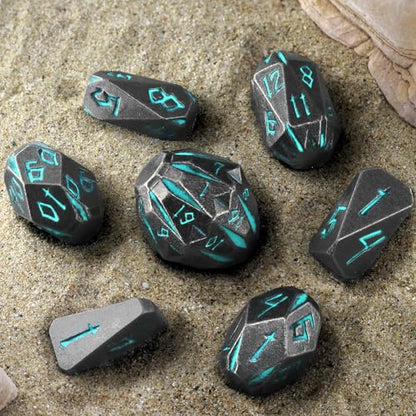 FONVGOGO Metal DND Dice Set, 7 Dungeons and Dragon Dice Stonehenge Design | Unique Cool D and D Metal Dice Set for RPG Role Playing Games, Blue Polyhedral Dice, DND Gifts for Tabletop Games - color: S Blue