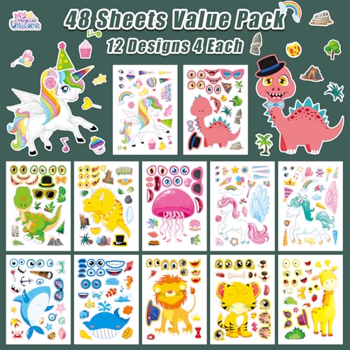 48 Sheets Create Funny Mixed Animals Stickers, Make a Face Stickers for Boys and Girls, Travel Sticker Books, Party Favors, Birthday, Home, School and Activities Gifts for Kids Ages 3+ - style: Mixed Animal